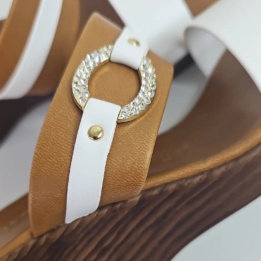Toscanella Women's White and‎ Brown Wedge Sandals Size 7.5
